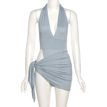 Gray-blue Two-piece Swimsuit With Snap Button To Wear Outside Swimsuit