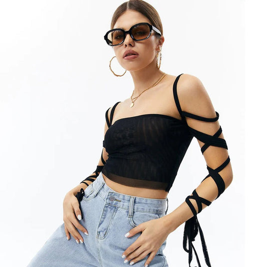 2023 New Style Womens Elastic Cross Arm Solid Color Straps Tank Top Casual Summer Ladies Slim Top