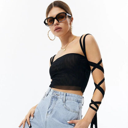 2023 New Style Womens Elastic Cross Arm Solid Color Straps Tank Top Casual Summer Ladies Slim Top